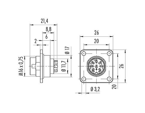 Scale drawing M16 Square male panel mount connector, Contacts: 4 (04-a), unshielded, crimping (Crimp contacts must be ordered separately), IP67, UL 2238, M3 (4x), Front mounting
