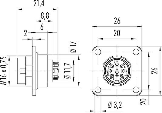 比例图 M16 针头方型法兰座, 极数: 7 (07-a), 非屏蔽, 压接(压接触点必须单独订购), IP67, UL 2238, M3 (4x), 板前安装