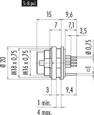 Scale drawing M16 Male panel mount connector, Contacts: 5 (05-a), shieldable, THT, IP40, M18x0,75, Rear mounting