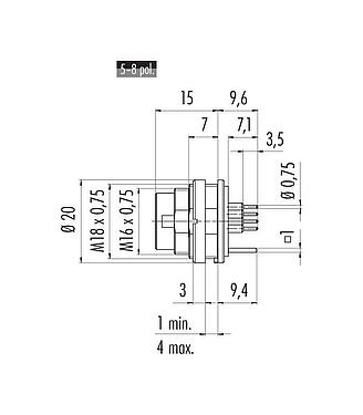 Scale drawing M16 Male panel mount connector, Contacts: 6 (06-a), shieldable, THT, IP40, M18x0,75, Rear mounting