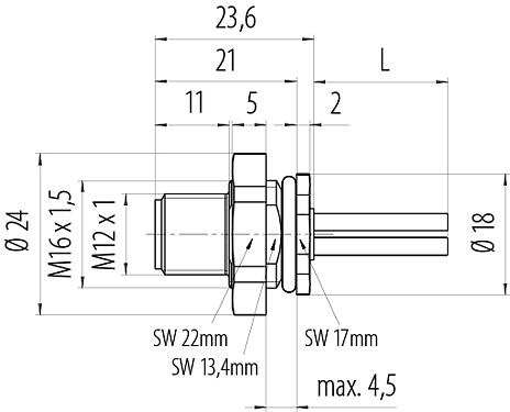 比例图 M12 针头法兰座, 极数: 4, 非屏蔽, 带导线, IP68, UL 2238, M16x1.5, 後壁安裝, 模压成型