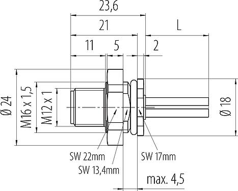 比例图 M12 针头法兰座, 极数: 4, 非屏蔽, 带导线, IP68, UL 2238, M16x1.5, 後壁安裝, 模压成型