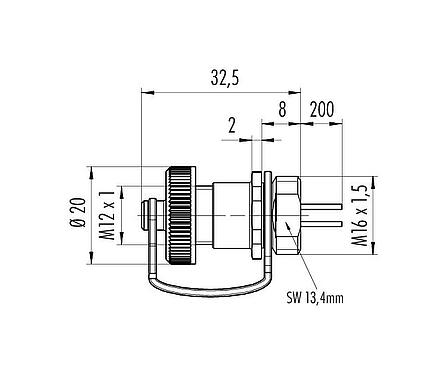Scale drawing M12 Female panel mount connector, Contacts: 4, unshielded, single wires, IP69K, M16x1.5, Front mounting, for outdoor, UV resistant, potted