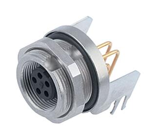 M9 Female angled panel mount connector, Contacts: 2, shieldable, THT, IP67, Rear mounting, potted
