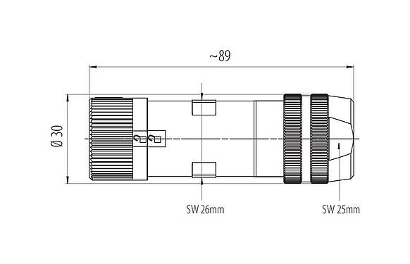 Scale drawing Bayonet Female cable connector, Contacts: 6 (3+PE+2), 7.0-14.0 mm, unshielded, screw clamp, IP67 plugged and locked, UL 2237