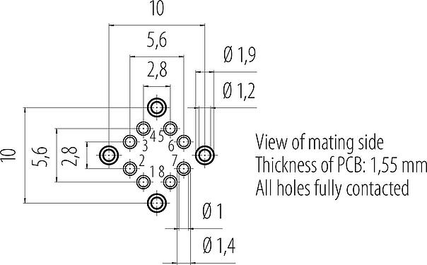 导体结构 M12 孔头法兰座, 极数: 8, 可接屏蔽, THT, IP67, UL, M16x1.5, 後壁安裝