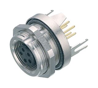 M9 Female panel mount connector, Contacts: 4, shieldable, THT, IP67, M12x0.5, Rear mounting, potted