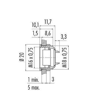 Scale drawing M16 Female panel mount connector, Contacts: 19 (19-a), unshielded, solder, IP67, UL 2238, M18x0,75, Front mounting