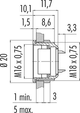 比例图 M16 孔头法兰座, 极数: 12 (12-a), 非屏蔽, 焊接, IP67, UL 2238, M18x0,75, 板前安装