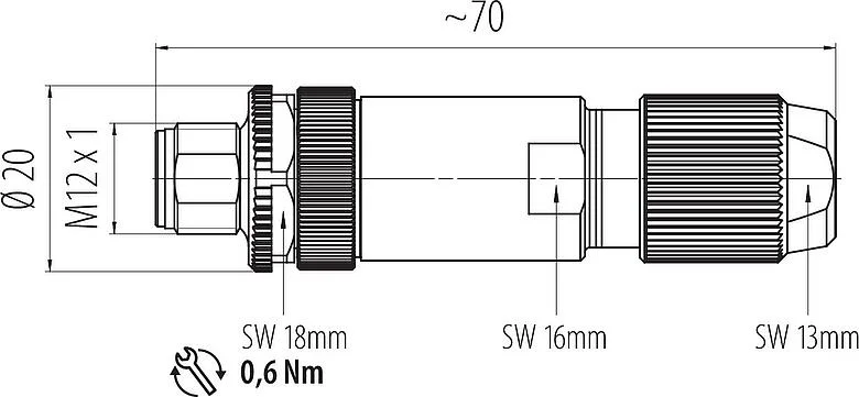Scale drawing M12 Male cable connector, Contacts: 4, 5.0-8.0 mm, shieldable, screw clamp, IP67, UL 2238, iris spring