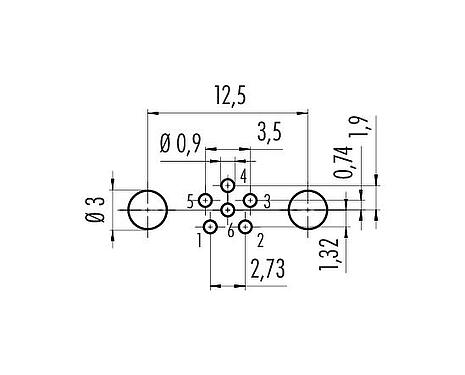 Conductor layout M8 Male panel mount connector, Contacts: 6, shieldable, THT, IP67, UL 2238, M8x1.0, Rear mounting, potted