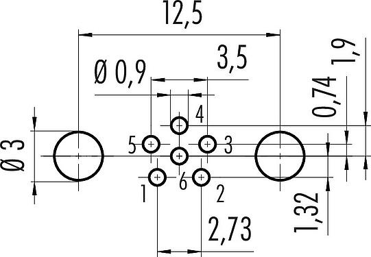 Conductor layout M8 Male panel mount connector, Contacts: 6, shieldable, THT, IP67, UL 2238, M8x1.0, Rear mounting, potted