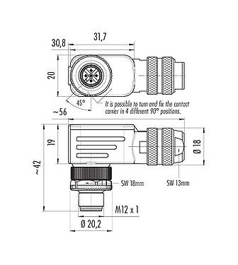 Scale drawing M12 Male angled connector, Contacts: 5, 6.0-8.0 mm, shieldable, wire clamp, IP67, with shielding ring