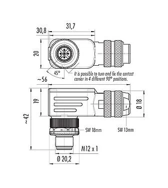 比例图 99 1537 822 05 - M12 弯角针头电缆连接器, 极数: 5, 6.0-8.0mm, 可接屏蔽, 笼式弹簧, IP67