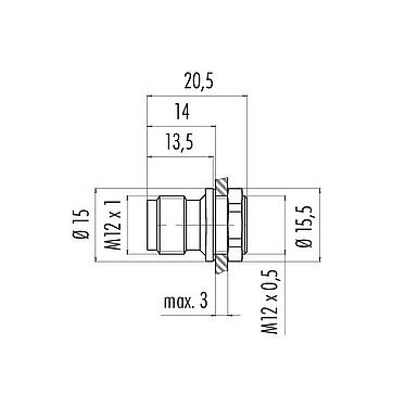 Scale drawing M12 Male panel mount connector, Contacts: 4, unshielded, solder, IP67, M12x0.5, Front mounting