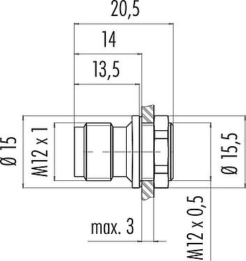 Scale drawing M12 Male panel mount connector, Contacts: 8, unshielded, solder, IP67, M12x0.5, Front mounting