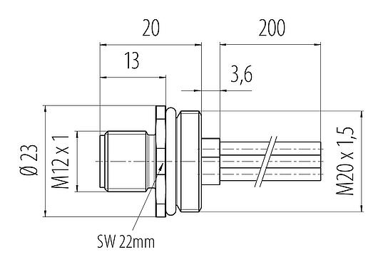 比例图 M12 针头法兰座, 极数: 4, 非屏蔽, 带导线, IP68, UL 2238, M20x1.5, 板前安装, 模压成型