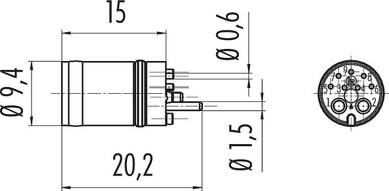 Scale drawing M12 Male receptacle, Contacts: 2+7, solder, IP67 plugged and locked, Front mounting