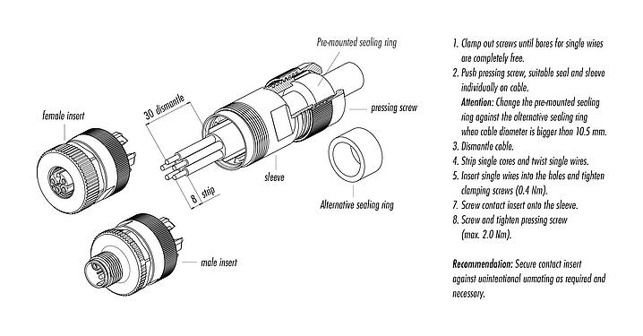装配说明 99 0699 37 05 - M12 直头针头电缆连接器, 极数: 4+PE, 8.0-13.0mm, 非屏蔽, 螺钉接线, IP67, UL 2237正在准备中, 带PE接口