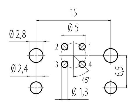 Conductor layout 09 0431 216 04 - M12 Male receptacle, Contacts: 4, unshielded, THT, IP67