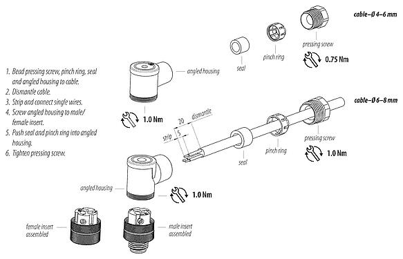 装配说明 M12 弯角针头电缆连接器, 极数: 2+PE, 6.0-8.0mm, 非屏蔽, 螺钉接线, IP67, UL