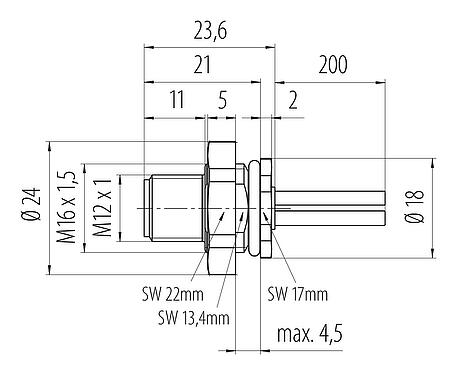 比例图 M12 针头法兰座, 极数: 4, 非屏蔽, 带导线, IP68, UL 2238, M16x1.5, 後壁安裝