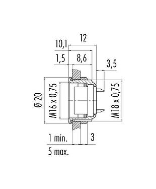 Scale drawing M16 Female panel mount connector, Contacts: 24, unshielded, solder, IP67, UL 2238, M18x0,75, Front mounting