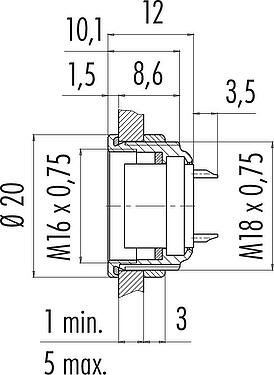 比例图 M16 孔头法兰座, 极数: 24, 非屏蔽, 焊接, IP67, UL 2238, M18x0,75, 板前安装