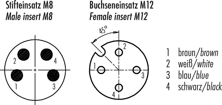 Contact arrangement (Plug-in side) M12/M8 Male cable connector - female angled connector, Contacts: 4, unshielded, moulded on the cable, IP67/IP69K, PUR, black, 4 x 0.25 mm², with LED PNP, 2 m