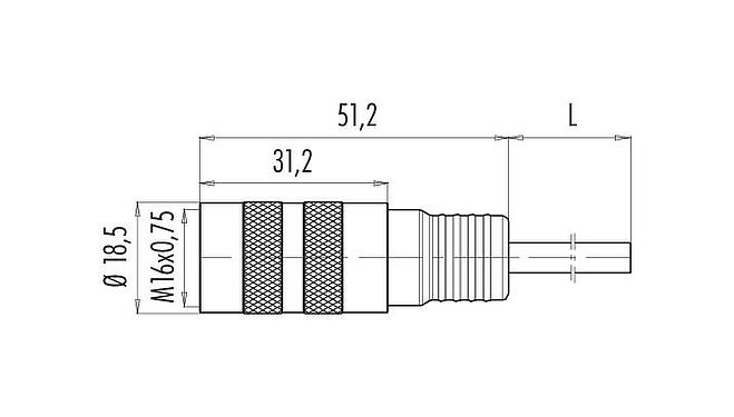 Scale drawing M16 Female cable connector, Contacts: 8 (08-a), unshielded, moulded on the cable, IP67, PUR, black, 8 x 0.25 mm², 2 m