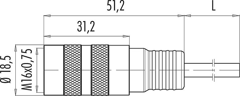 Scale drawing M16 Female cable connector, Contacts: 8 (08-a), unshielded, moulded on the cable, IP67, PUR, black, 8 x 0.25 mm², 2 m