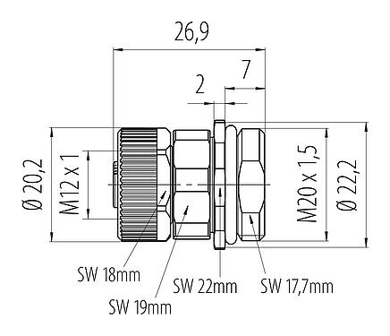 比例图 M12 孔头法兰座, 极数: 4, 非屏蔽, 螺钉接线, IP68, UL 2238, VDE, M20x1.5, 板前安装