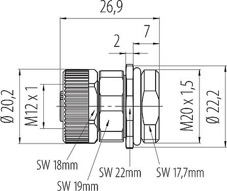 比例图 M12 孔头法兰座, 极数: 4, 非屏蔽, 螺钉接线, IP68, UL 2238, VDE, M20x1.5, 板前安装