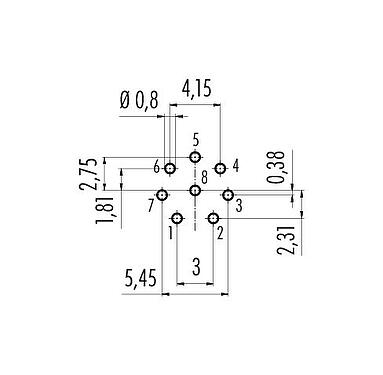 Conductor layout 86 1031 1100 00008 - M12 Male panel mount connector, Contacts: 8, unshielded, THT, IP68, UL, M12x1.0, Rear Mounting