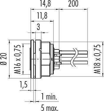 比例图 M16 孔头法兰座, 极数: 5 (05-a), 非屏蔽, 带导线, IP40, M18x0,75, 板前安装