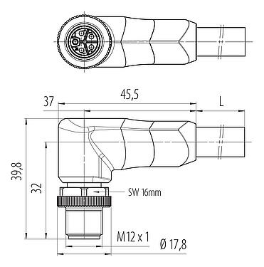 Scale drawing 77 0647 0000 70505-0200 - M12 Male angled connector, Contacts: 4+FE, unshielded, moulded on the cable, IP68, UL 2238, PUR, black, 5 x 1.50 mm², 2 m