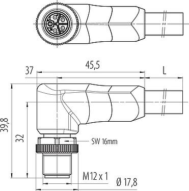 比例图 M12 弯角针头电缆连接器, 极数: 4+FE, 非屏蔽, 预铸电缆, IP68, UL 2238, PUR, 黑色, 5x1.50mm², 2m