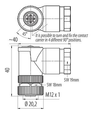 Scale drawing M12 Female angled connector, Contacts: 4, 8.0-10.0 mm, unshielded, screw clamp, IP67, UL 2238, VDE, for the power supply