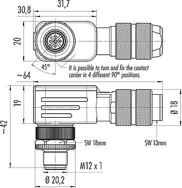Scale drawing M12 Male angled connector, Contacts: 5, 5.0-8.0 mm, shieldable, screw clamp, IP67, UL 2238, iris spring