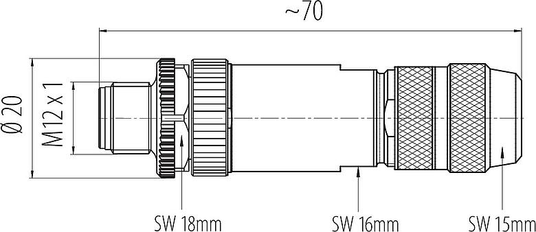 Scale drawing M12 Male cable connector, Contacts: 8, 8.0-9.0 mm, shieldable, screw clamp, IP67, UL 2238, iris spring