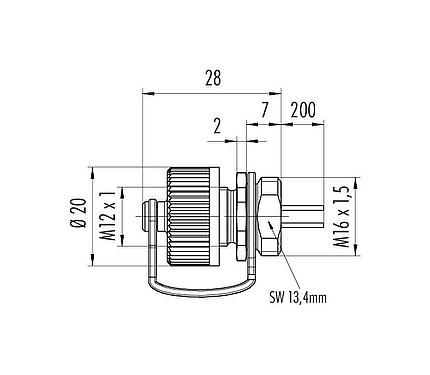Scale drawing M12 Male panel mount connector, Contacts: 4, unshielded, single wires, IP68, M16x1.5, Front mounting