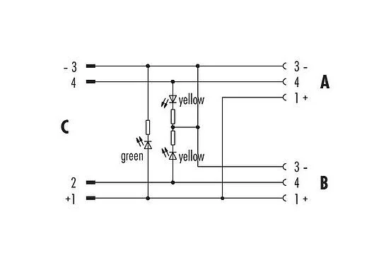 Pin assignment plans M12/M8 Twin distributors Y-distributor, male connector - 2 female connector, Contacts: 4/3, unshielded, pluggable, IP68, UL 2238, with LED PNP