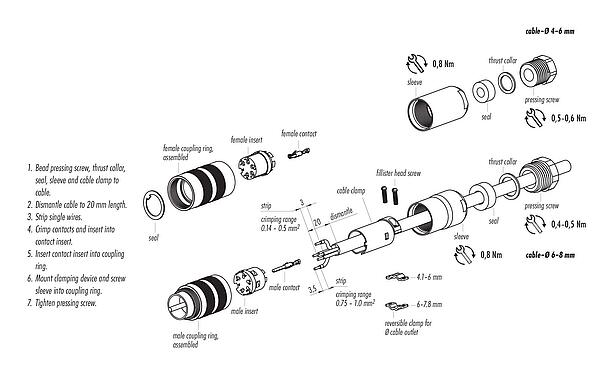 装配说明 M16 直头孔头电缆连接器, 极数: 6 (06-a), 6.0-8.0mm, 可接屏蔽, 压接(压接触点必须单独订购), IP67, UL 2238