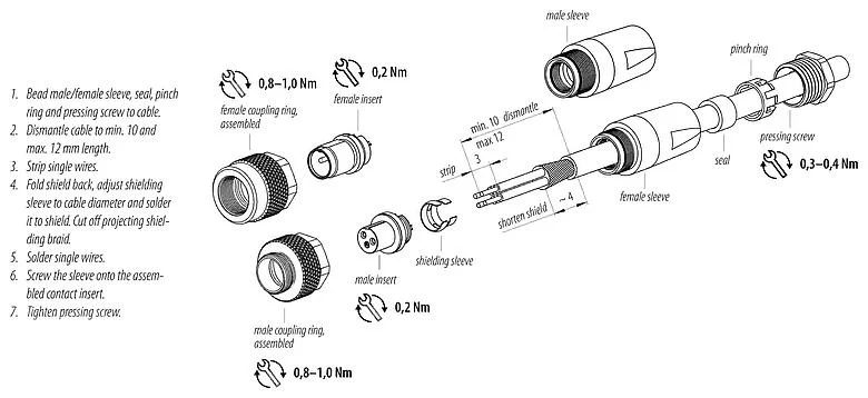 装配说明 99 0409 10 04 - M9 直头针头电缆连接器, 极数: 4, 3.5-5.0mm, 可接屏蔽, 焊接, IP67