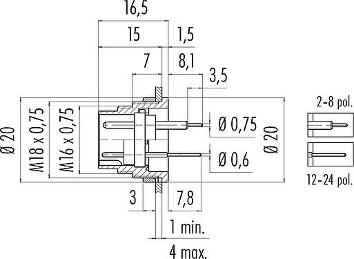 Scale drawing M16 Male panel mount connector, Contacts: 4 (04-a), unshielded, THT, IP40, M18x0,75, Rear mounting