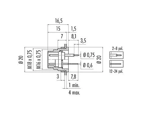 比例图 M16 针头法兰座, 极数: 7 (07-a), 非屏蔽, THT, IP40, M18x0,75, 後壁安裝