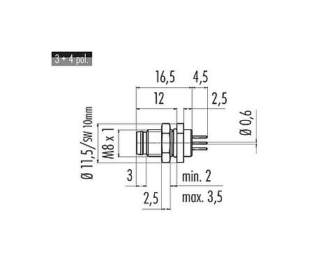 比例图 M8 针头法兰座, 极数: 3, 非屏蔽, THT, IP67, UL 2238, M8x1.0, 後壁安裝, 模压成型