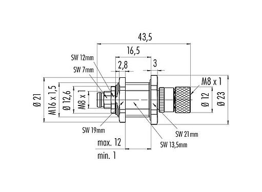 Scale drawing M8 Lead-through for control cabinet, Contacts: 4, shielded, pluggable, IP67, M8x1.0, Rear mounting, potted