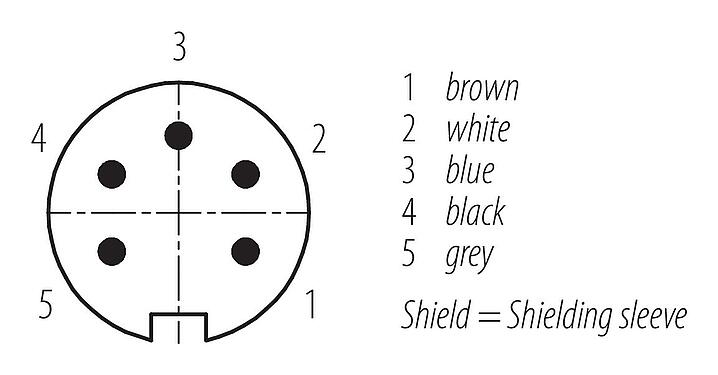 Contact arrangement (Plug-in side) 77 6527 0000 50005-0200 - M16 Male angled connector, Contacts: 5, shielded, moulded on the cable, IP68, PUR, black, 5 x 0.34 mm², 2 m