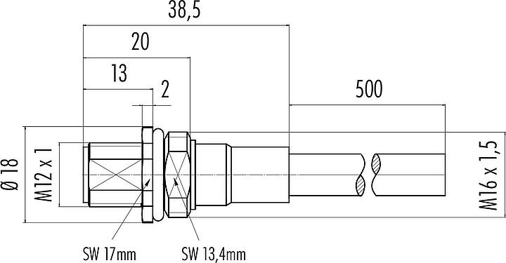 比例图 M12 针头法兰座, 极数: 8, 屏蔽, 法兰座带电缆, IP68, M16x1.5, PUR, 黑色, 5x0.25mm², 板前安装, 0.5m